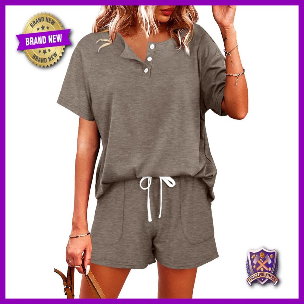 X-Large Polyester Lounge Set with Pockets, Button Down Top & Shorts